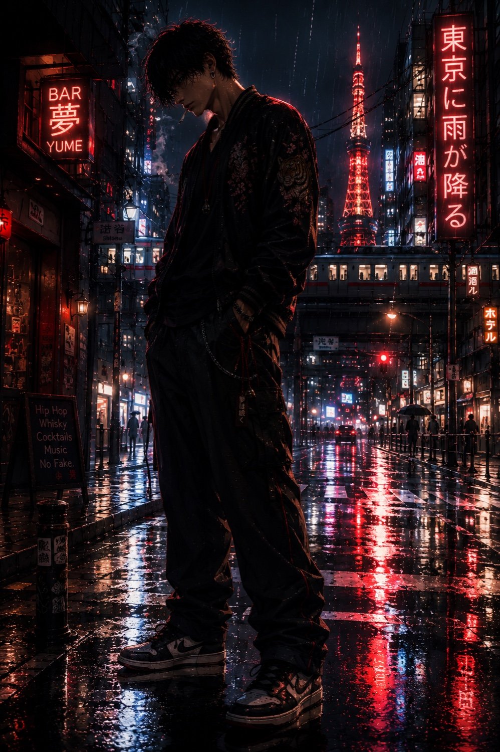 MÜ dans une rue de Tokyo la nuit, sous la pluie